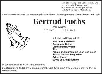 Traueranzeige von Gertrud Fuchs von Rüsselsheimer Echo, Groß-Gerauer-Echo, Ried Echo