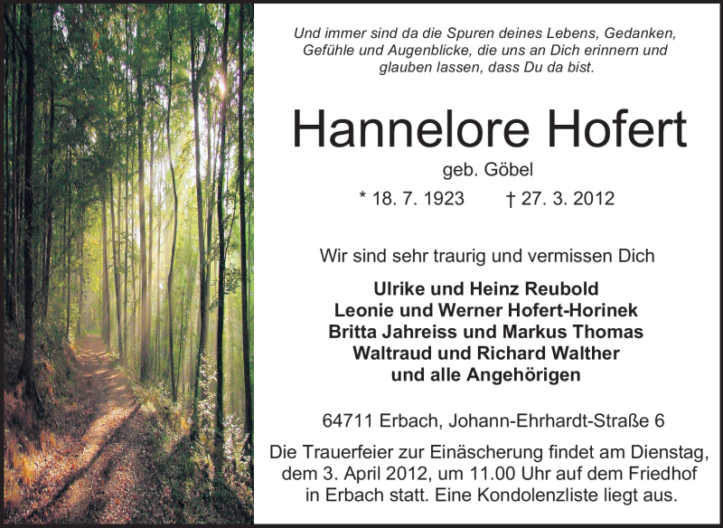  Traueranzeige für Hannelore Hofert vom 30.03.2012 aus Odenwälder Echo