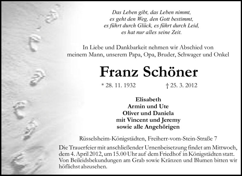  Traueranzeige für Elisabeth Schöner vom 31.03.2012 aus Rüsselsheimer Echo, Groß-Gerauer-Echo, Ried Echo