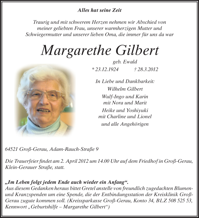  Traueranzeige für Margarethe Gilbert vom 30.03.2012 aus Rüsselsheimer Echo, Groß-Gerauer-Echo, Ried Echo