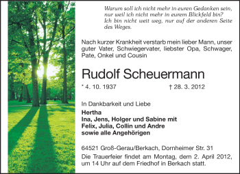 Traueranzeige von Rudolf Scheuermann von Rüsselsheimer Echo, Groß-Gerauer-Echo, Ried Echo