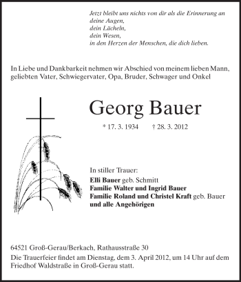 Traueranzeige von Georg Bauer von Rüsselsheimer Echo, Groß-Gerauer-Echo, Ried Echo