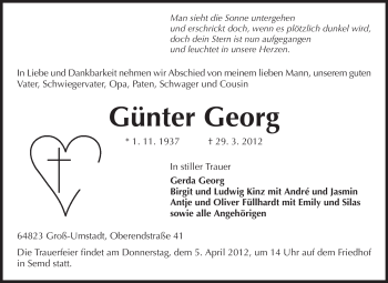 Traueranzeige von Günter Georg von Echo-Zeitungen (Gesamtausgabe)