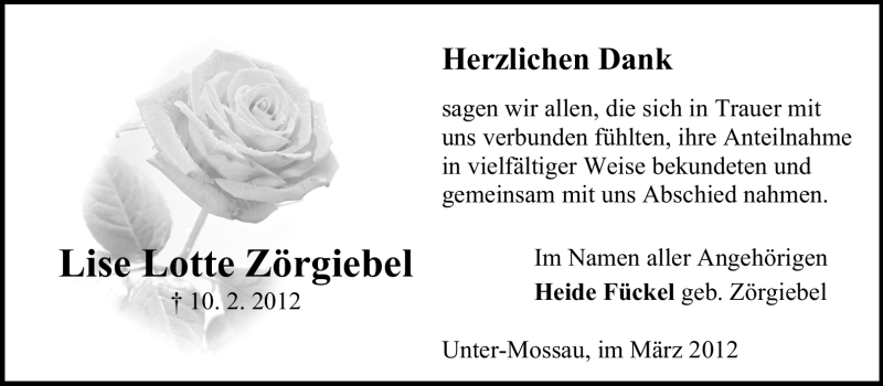  Traueranzeige für Lise Lotte Zörgiebel vom 31.03.2012 aus Odenwälder Echo