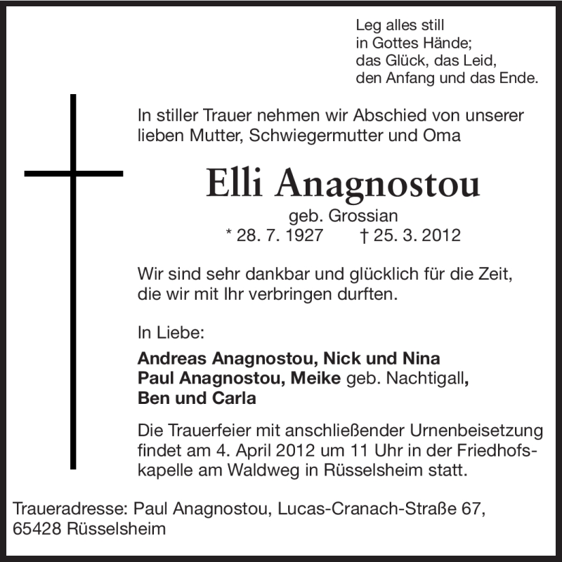  Traueranzeige für Elli Anagnostou vom 31.03.2012 aus Rüsselsheimer Echo, Groß-Gerauer-Echo, Ried Echo
