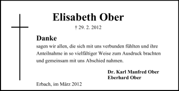 Traueranzeige von Elisabeth Ober  von Odenwälder Echo