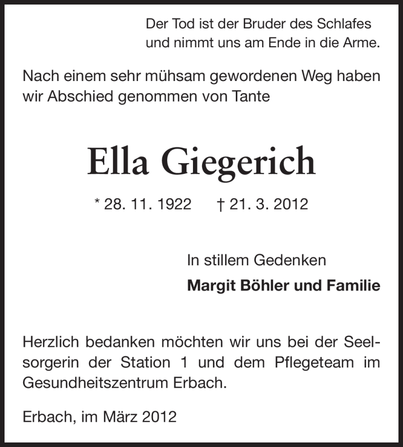 Traueranzeige für Ella Giegerich vom 31.03.2012 aus Odenwälder Echo