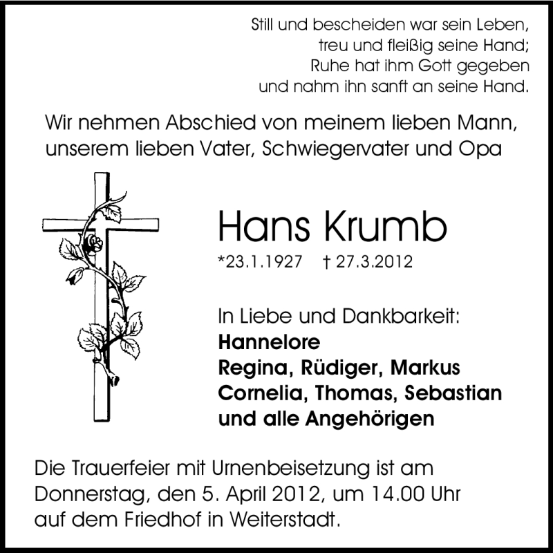  Traueranzeige für Hans Krumb vom 03.04.2012 aus Echo-Zeitungen (Gesamtausgabe)
