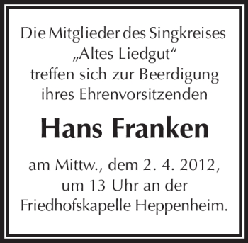 Traueranzeige von Hans Franken von Starkenburger Echo