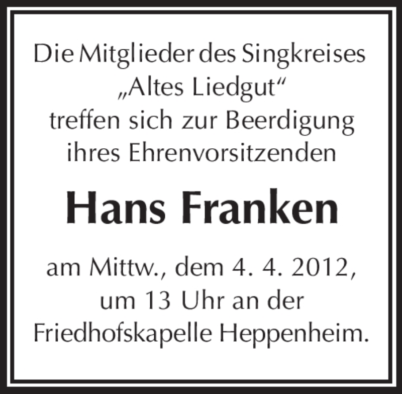  Traueranzeige für Hans Franken vom 03.04.2012 aus Starkenburger Echo