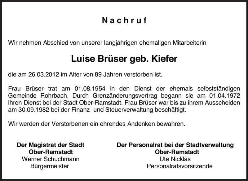  Traueranzeige für Luise Brüser vom 02.04.2012 aus Echo-Zeitungen (Gesamtausgabe)