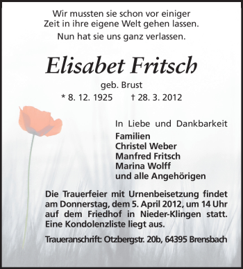 Traueranzeige von Elisabeth Fritsch von Echo-Zeitungen (Gesamtausgabe)
