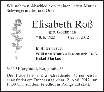 Traueranzeige von Elisabeth Roß von Echo-Zeitungen (Gesamtausgabe)