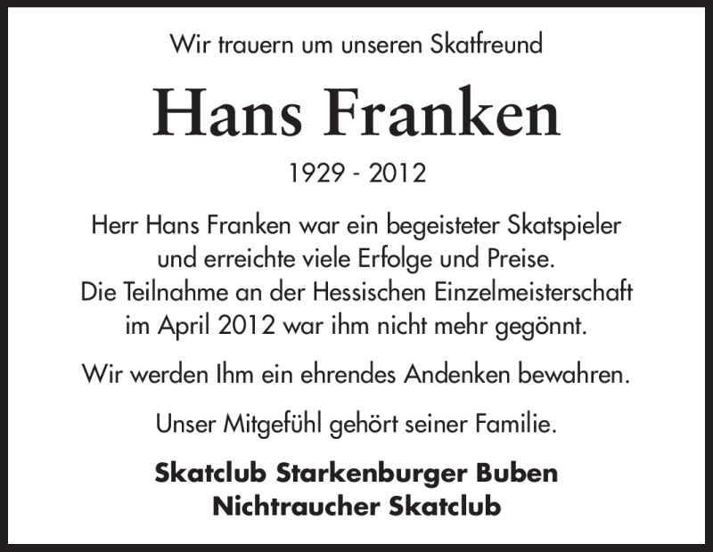  Traueranzeige für Hans Franken vom 02.04.2012 aus Starkenburger Echo