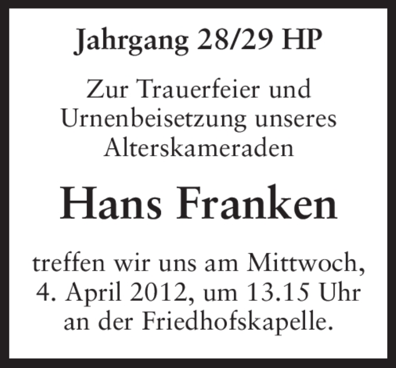  Traueranzeige für Hans Franken vom 02.04.2012 aus Starkenburger Echo