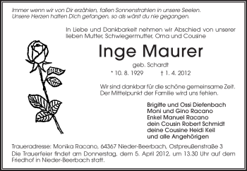 Traueranzeige von Inge Maurer von Echo-Zeitungen (Gesamtausgabe)