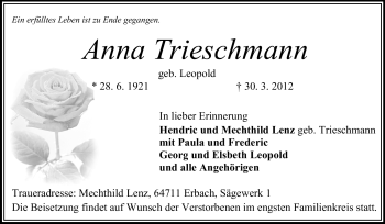 Traueranzeige von Anna Trieschmann von Odenwälder Echo