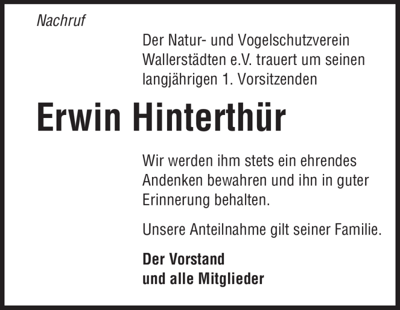  Traueranzeige für Erwin Hinterthür vom 03.04.2012 aus Rüsselsheimer Echo, Groß-Gerauer-Echo, Ried Echo
