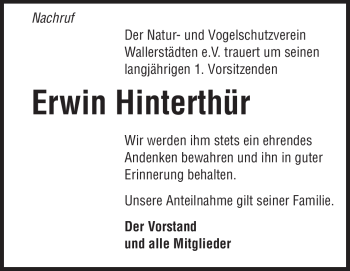 Traueranzeige von Erwin Hinterthür von Rüsselsheimer Echo, Groß-Gerauer-Echo, Ried Echo