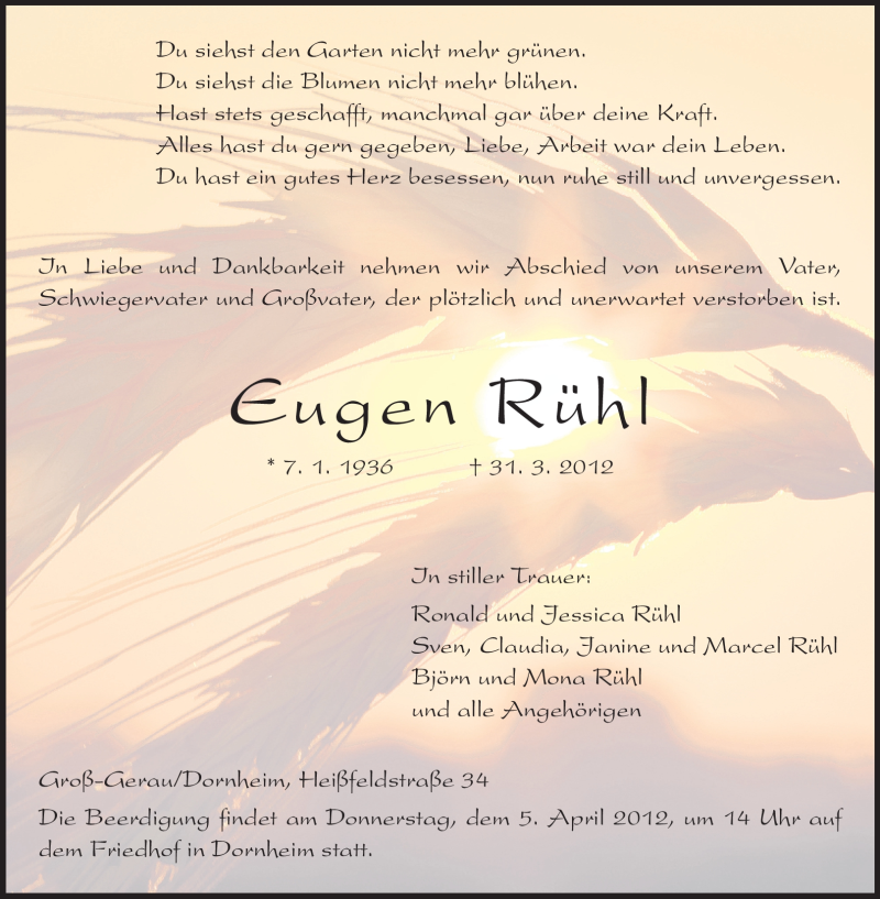  Traueranzeige für Eugen Rühl vom 03.04.2012 aus Rüsselsheimer Echo, Groß-Gerauer-Echo, Ried Echo