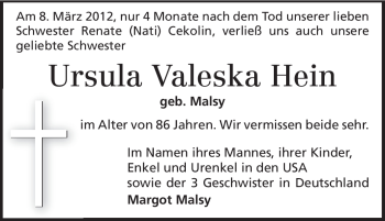 Traueranzeige von Ursula Valeska Hein von Echo-Zeitungen (Gesamtausgabe)