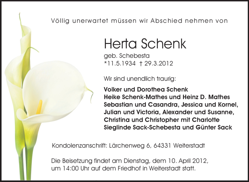  Traueranzeige für Herta Schenk vom 05.04.2012 aus Echo-Zeitungen (Gesamtausgabe)