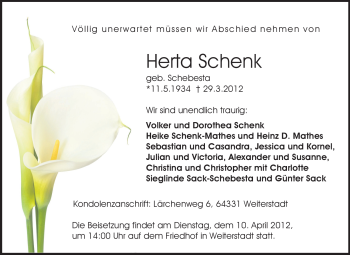 Traueranzeige von Herta Schenk von Echo-Zeitungen (Gesamtausgabe)