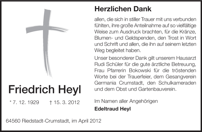  Traueranzeige für Friedrich Heyl vom 04.04.2012 aus Rüsselsheimer Echo, Groß-Gerauer-Echo, Ried Echo