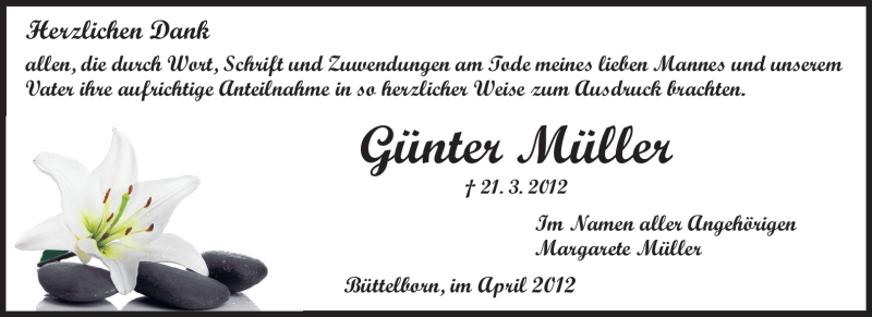 Traueranzeige für Günter Müller vom 04.04.2012 aus Rüsselsheimer Echo, Groß-Gerauer-Echo, Ried Echo