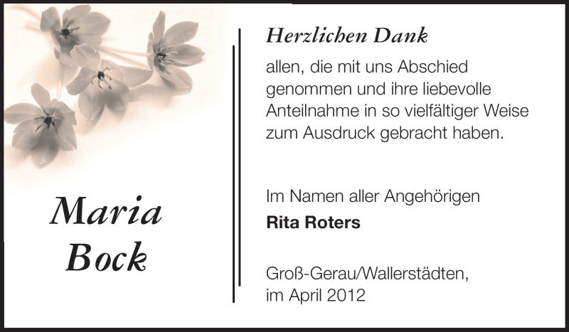  Traueranzeige für Maria Bock vom 07.04.2012 aus Rüsselsheimer Echo, Groß-Gerauer-Echo, Ried Echo