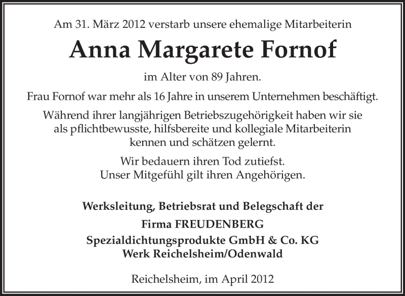  Traueranzeige für Anna Margarete Fornof vom 04.04.2012 aus Odenwälder Echo