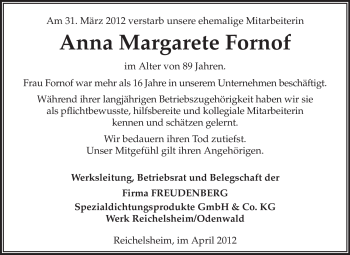 Traueranzeige von Anna Margarete Fornof von Odenwälder Echo