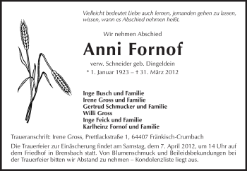 Traueranzeige von Anni Fornof von Echo-Zeitungen (Gesamtausgabe)