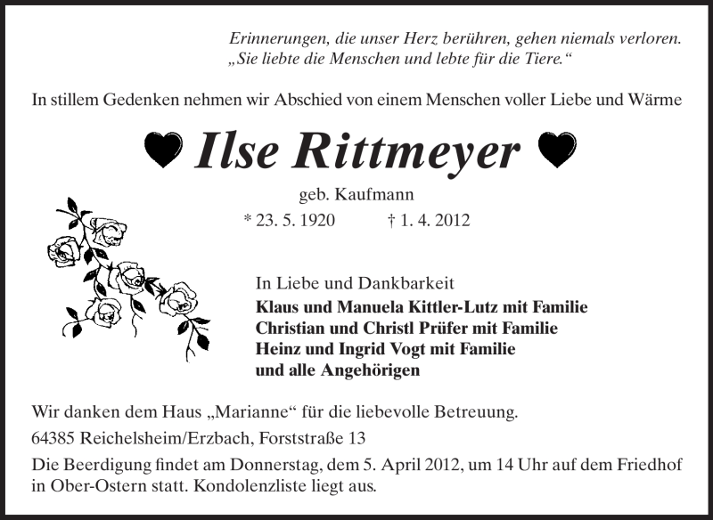  Traueranzeige für Ilse Rittmeyer vom 04.04.2012 aus Starkenburger Echo, Bergsträßer Anzeiger