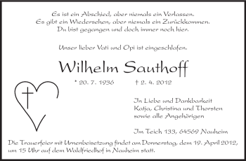 Traueranzeige von Wilhelm Sauthoff von Rüsselsheimer Echo, Groß-Gerauer-Echo, Ried Echo