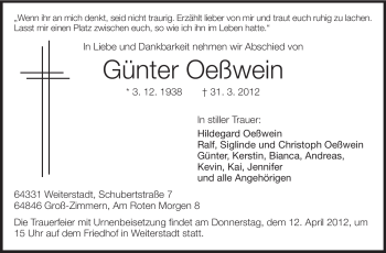 Traueranzeige von Günter Oeßwein von Echo-Zeitungen (Gesamtausgabe)