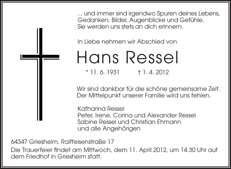  Traueranzeige für Hans Ressel vom 07.04.2012 aus Echo-Zeitungen (Gesamtausgabe)