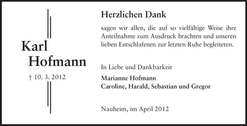  Traueranzeige für Karl Hofmann vom 07.04.2012 aus Rüsselsheimer Echo, Groß-Gerauer-Echo, Ried Echo