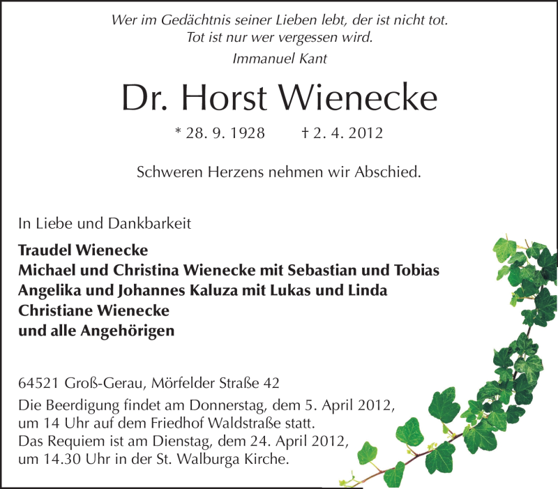  Traueranzeige für Horst Wienecke vom 04.04.2012 aus Rüsselsheimer Echo, Groß-Gerauer-Echo, Ried Echo