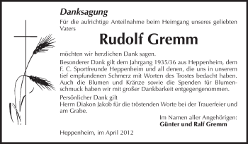 Traueranzeige von Rudolf Gremm von Starkenburger Echo