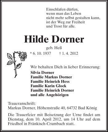 Traueranzeige von Hilde Dorner von Echo-Zeitungen (Gesamtausgabe)