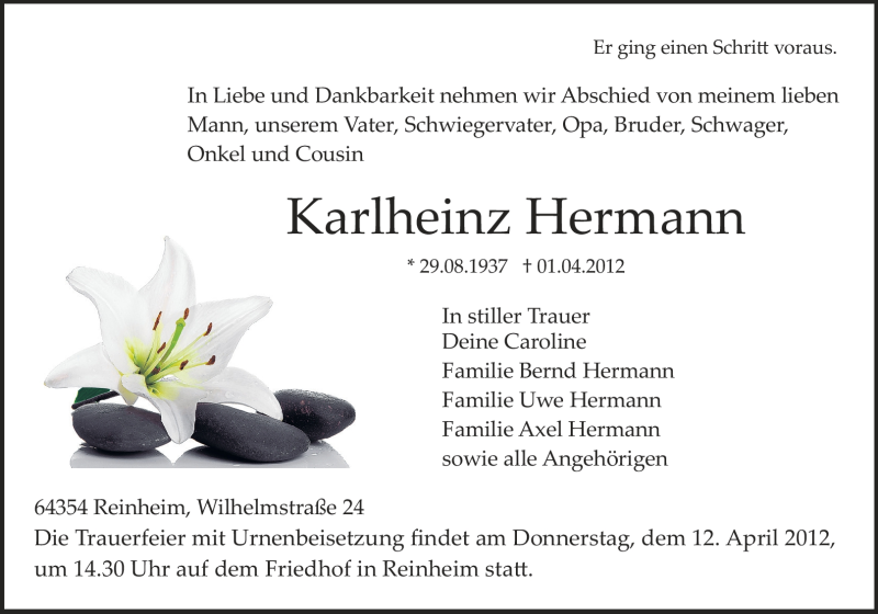  Traueranzeige für Karlheinz Hermann vom 07.04.2012 aus Darmstädter Echo, Odenwälder Echo, Rüsselsheimer Echo, Groß-Gerauer-Echo, Ried Echo