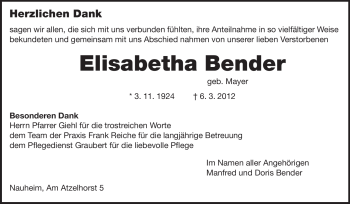 Traueranzeige von Elisabetha Bender von Rüsselsheimer Echo, Groß-Gerauer-Echo, Ried Echo