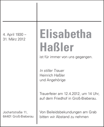 Traueranzeige von Elisabetha Haßler von Echo-Zeitungen (Gesamtausgabe)