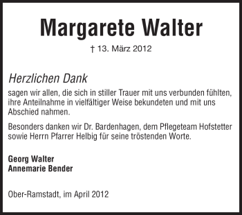 Traueranzeige von Margarete Walter von Echo-Zeitungen (Gesamtausgabe)