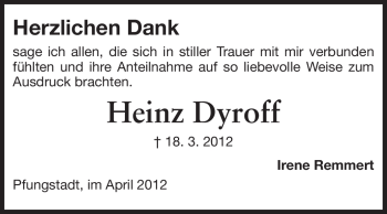 Traueranzeige von Heinz Dyroff von Darmstädter Echo, Odenwälder Echo, Rüsselsheimer Echo, Groß-Gerauer-Echo, Ried Echo
