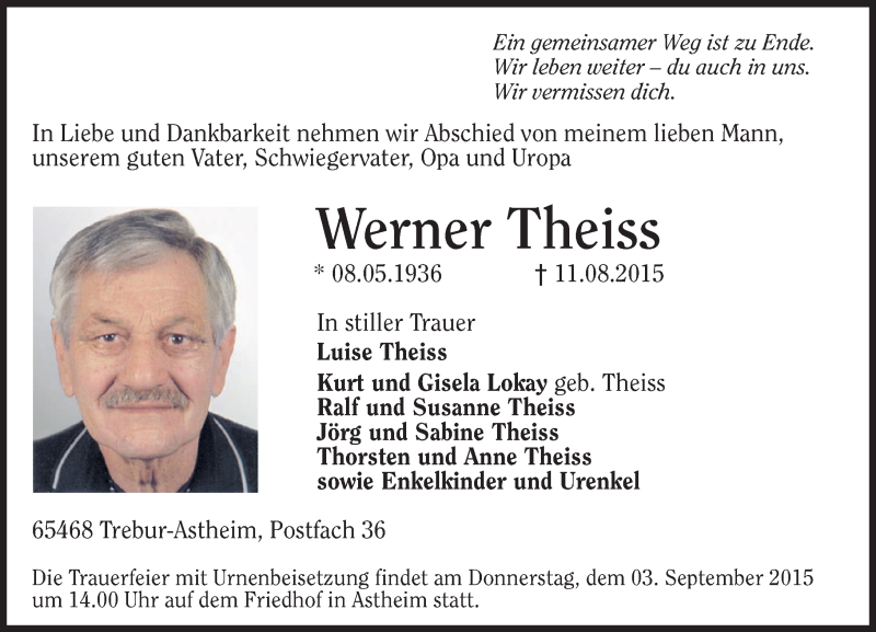  Traueranzeige für Werner Theiss vom 31.08.2015 aus trauer.echo-online.de