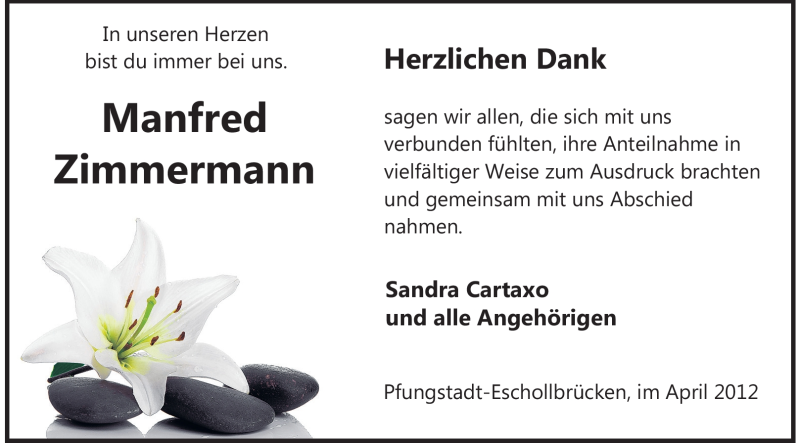  Traueranzeige für Manfred Zimmermann vom 07.04.2012 aus Echo-Zeitungen (Gesamtausgabe)