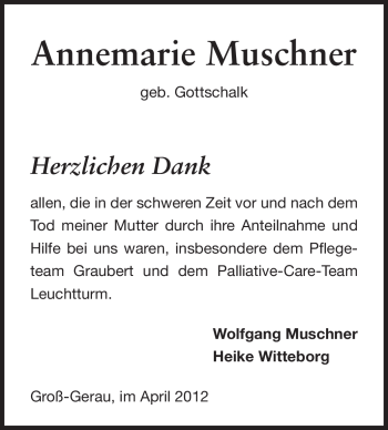 Traueranzeige von Annemarie Muschner von Rüsselsheimer Echo, Groß-Gerauer-Echo, Ried Echo