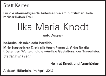 Traueranzeige von Ilka Maria Knodt von Echo-Zeitungen (Gesamtausgabe)